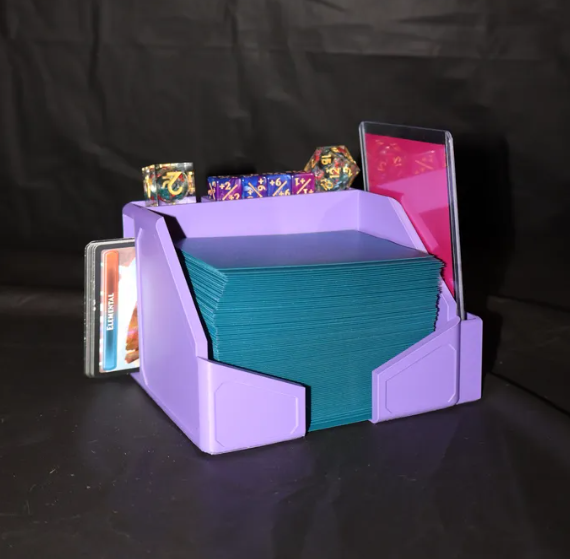 Purple Lucky Shuffle Command Center holding sleeved cards and dice